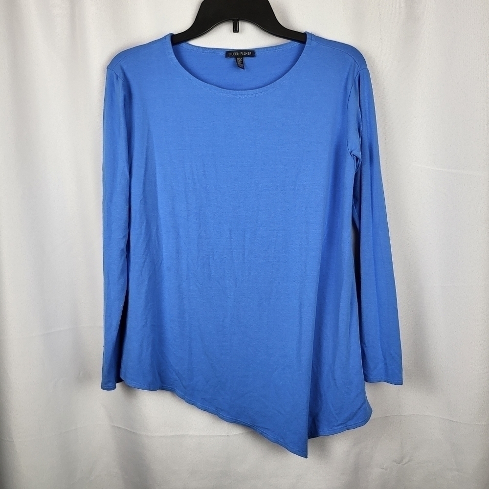 Eileen Fisher Size XS jersey knit Top Tee asymmetrical hem blue